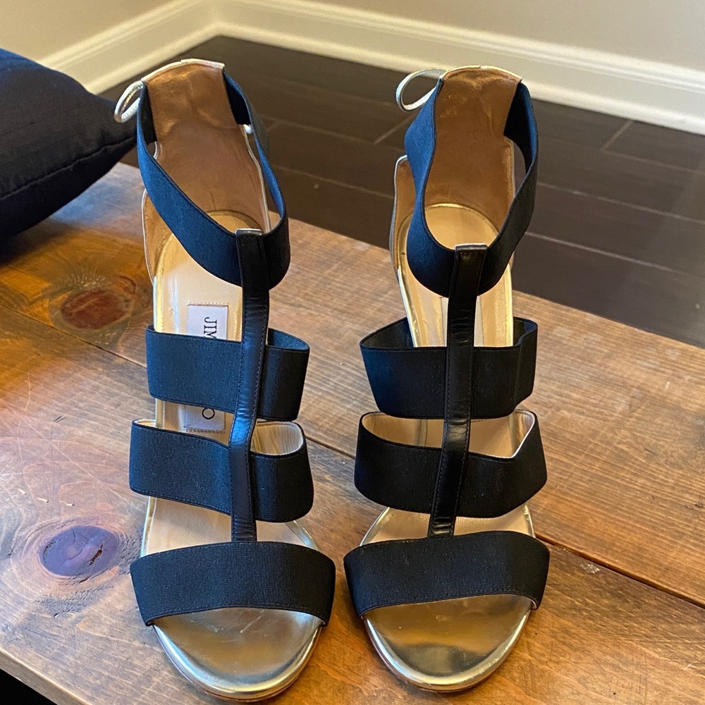 Jimmy Choo Black and Gold Strappy Heels made in Italy size 38.5